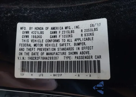 2017 Honda Accord Ex z USA, uszkodzony, nr VIN 1HGCR2F76HA299097